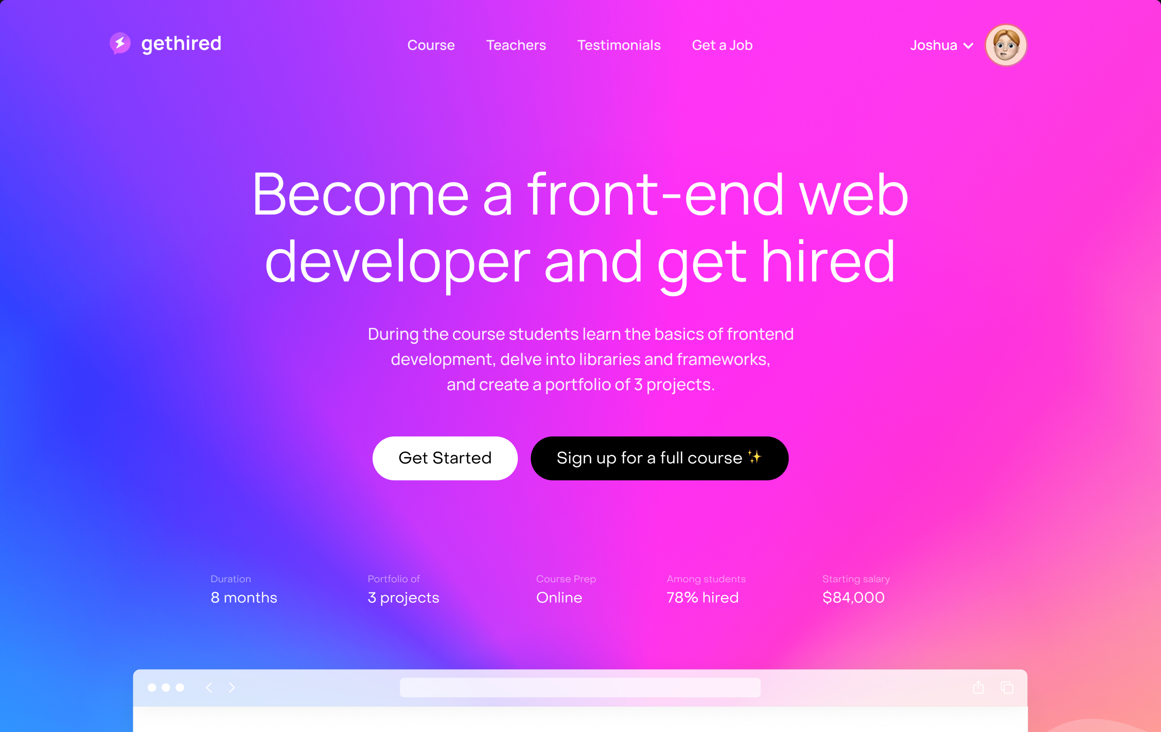 A website with the title 'Become a front-end developer and get hired'