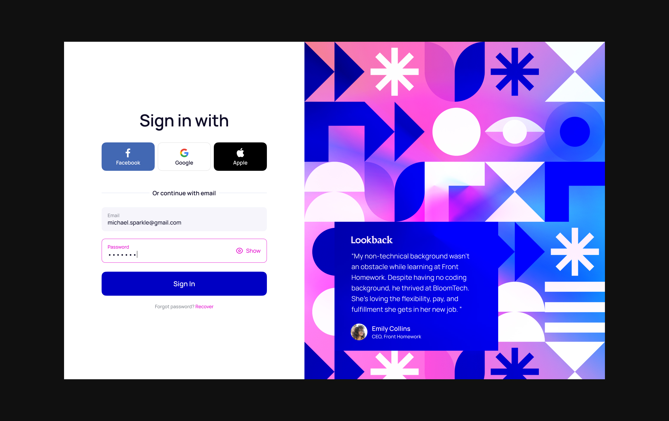 Sign in screen with a testimonial