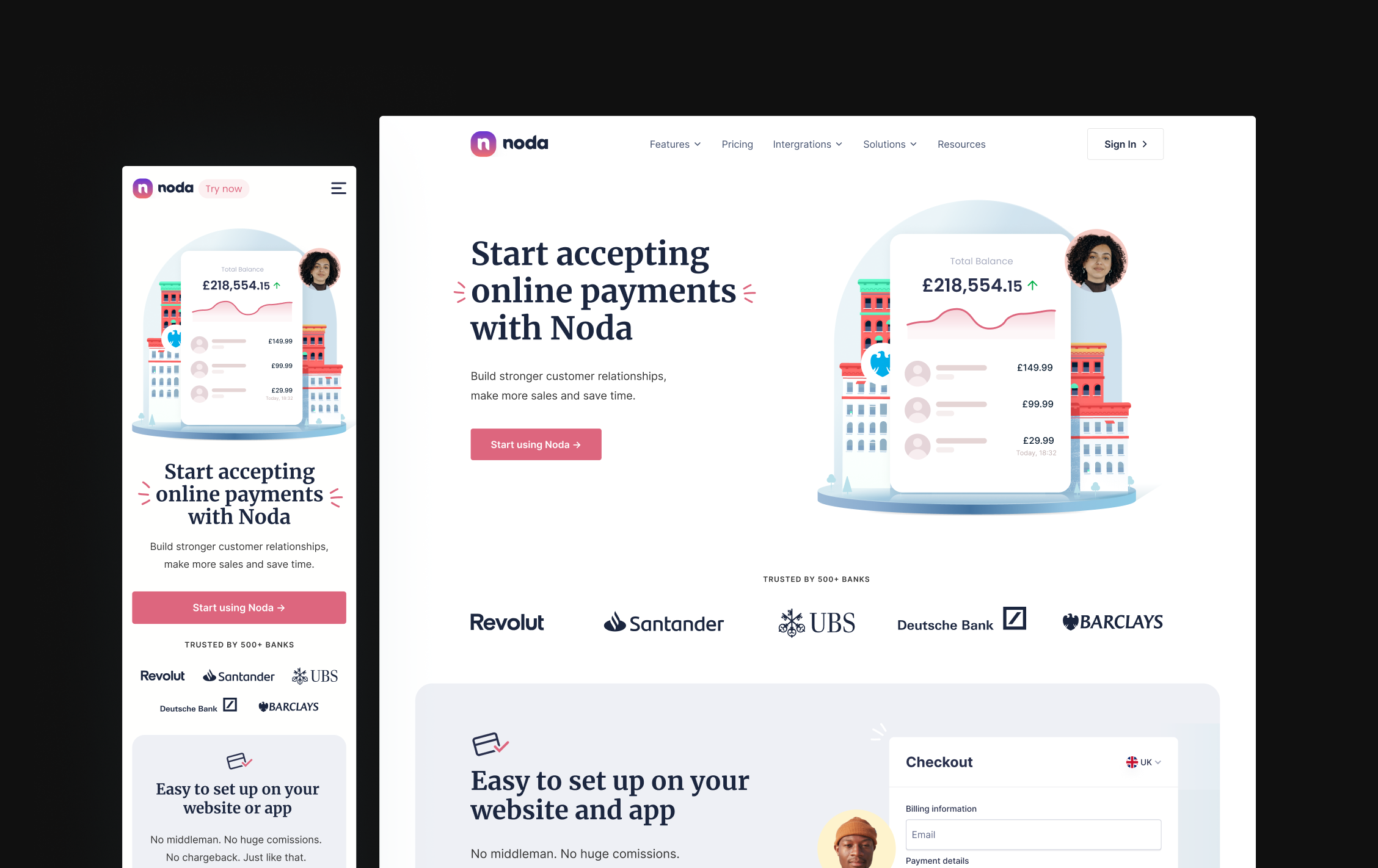 Screenshot of the homepage with a title'Start accepting online payments with Noda'